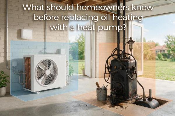 What should homeowners know before replacing oil heating with a heat pump?